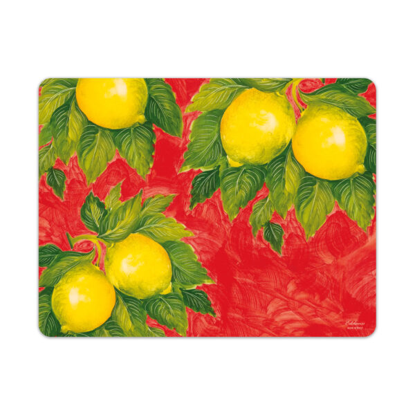 Decorated placemat lemons with red background