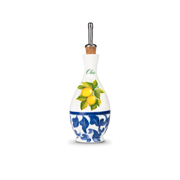 bottiglia-olio-piccola-limoni-damascato-blu-scritta-decal Ceramic oil bottle decorated lemons damask 250 ml