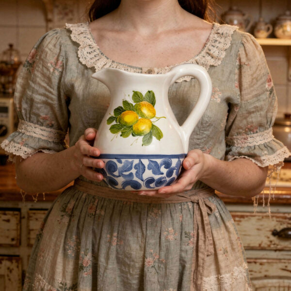 brocca-limoni-damascato-blu-ambientata Ceramic jug decorated lemons damask