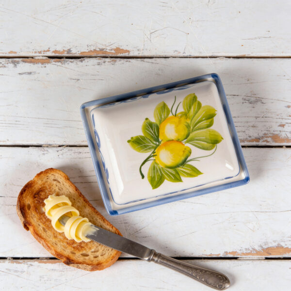 Ceramic butter dish decorated lemons and blue damask