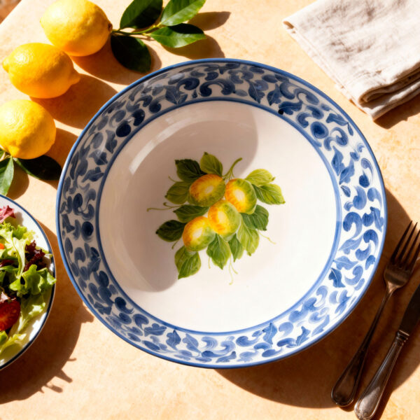 Ceramic bowl decorated lemons damask blue 34