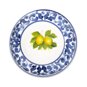 Ceramic soup plate decorated lemons damask blue