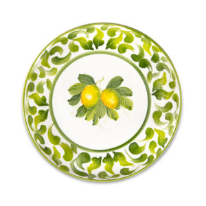 Ceramic soup plate decorated lemons damask green