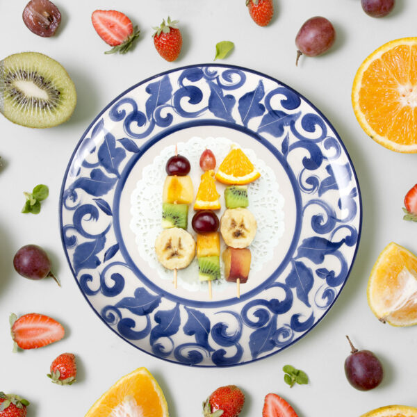 Ceramic fruit plate decorated lemons damask blue