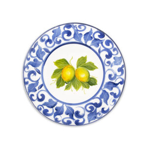 Ceramic fruit plate decorated lemons damask blue