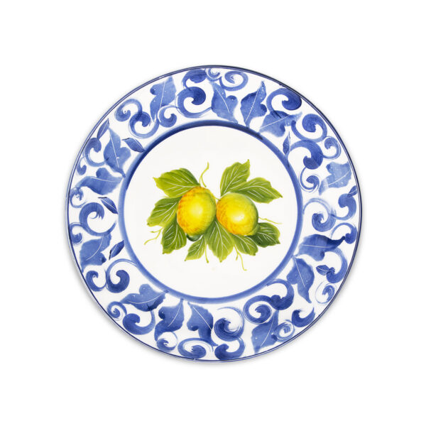 Ceramic fruit plate decorated lemons damask blue