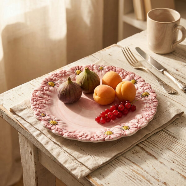 piatto-frutta-margherite-rosa-ambientata-ok Pink dessert plate with daisies