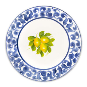 Smooth ceramic plate decorated lemons and blue damask