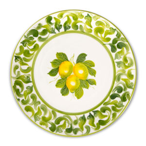Smooth ceramic plate decorated lemons and green damask