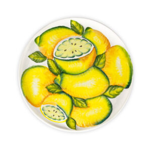 Smooth ceramic plate decorated with embossed lemons