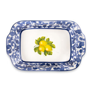 Serving tray with lemons and blue damask