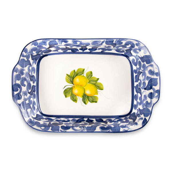 Serving tray with lemons and blue damask