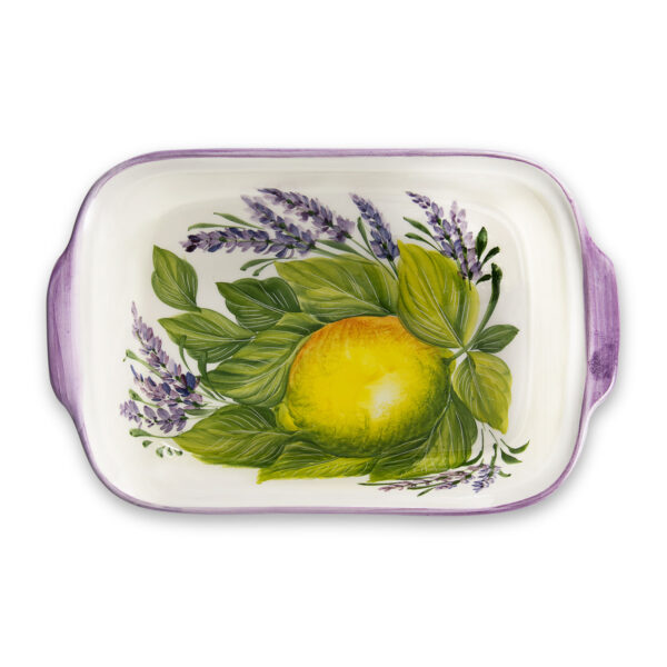 pirofila-limoni-lavanda-sopra Serving tray with lemons and lavender