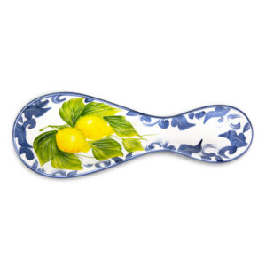Ceramic spoon holder decorated lemons damask blue