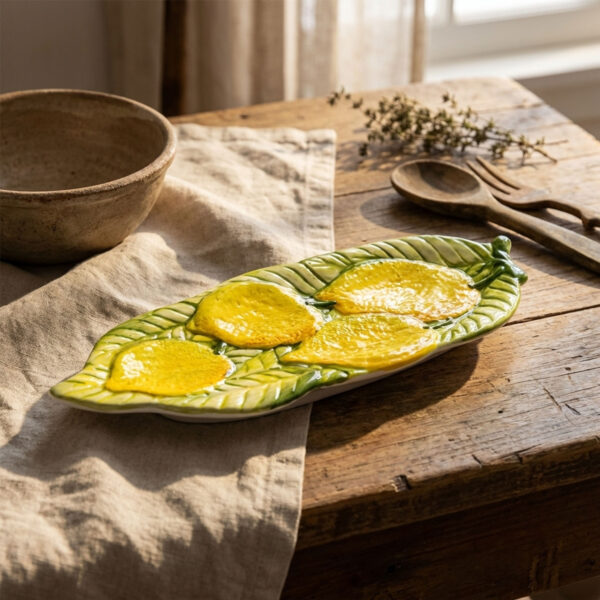 Ceramic spoon holder decorated with relief lemons