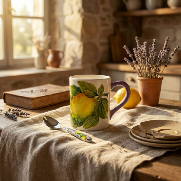 Mug and teaspoon with Lemons and lavender