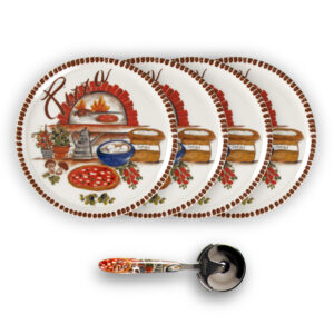 set-piatti-completo-cornice-marrone-rotella Brown border pizza plate set with pizza cutter