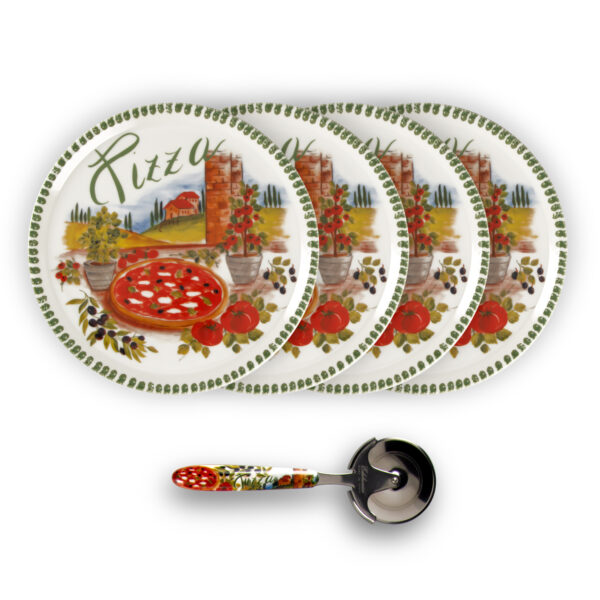 Green border pizza plate set with pizza cutter