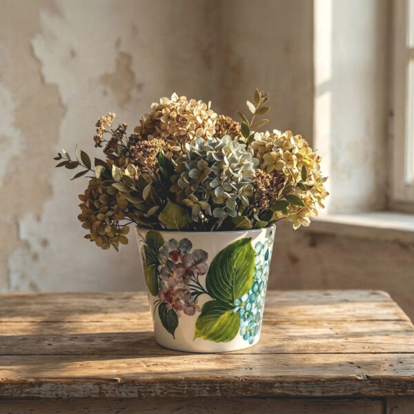 Pot with hydrangeas
