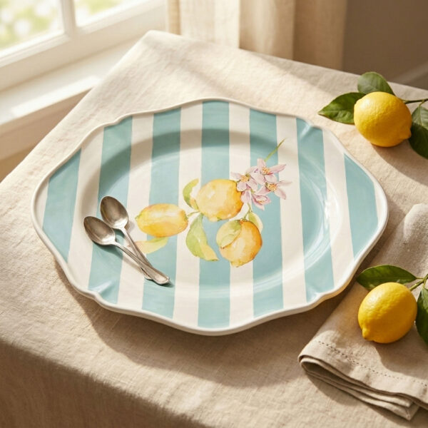 Citrus serving tray with light blue stripes