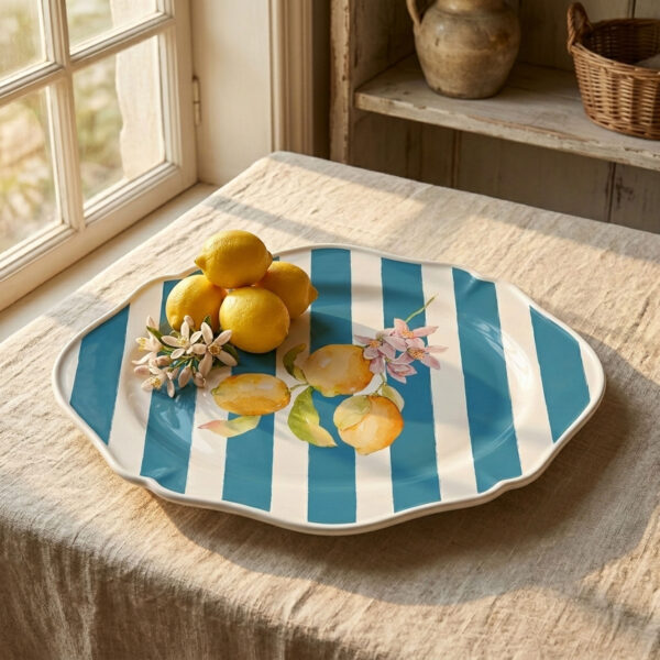vassoio-citrus-righe-blu-ambientata Citrus serving tray blue stripes